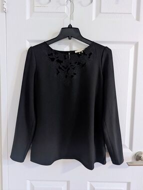 Cooper & Ella Elegant Black Floral Laser Cut Long Sleeve Blouse Minimalist - M